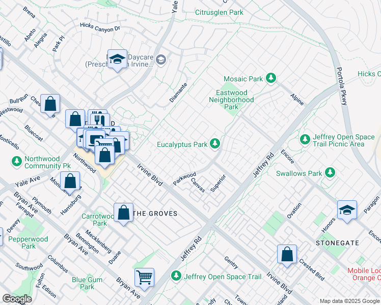 map of restaurants, bars, coffee shops, grocery stores, and more near 114 Guinness in Irvine