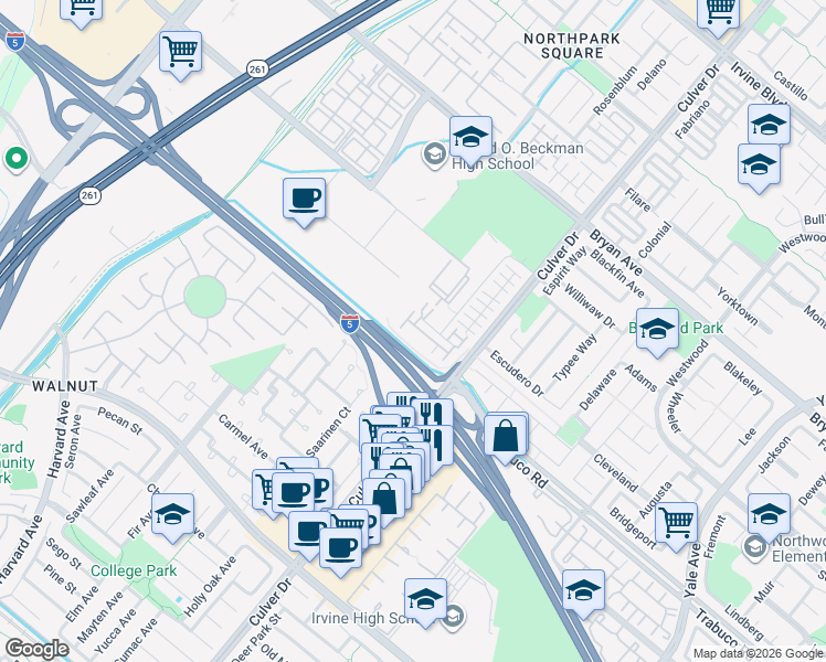 map of restaurants, bars, coffee shops, grocery stores, and more near 62 New Season in Irvine