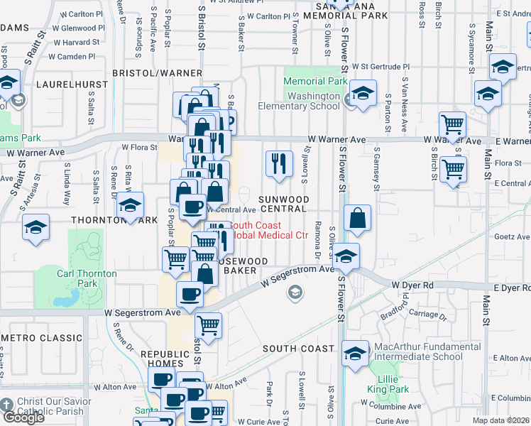 map of restaurants, bars, coffee shops, grocery stores, and more near 2502 South Shelton Street in Santa Ana