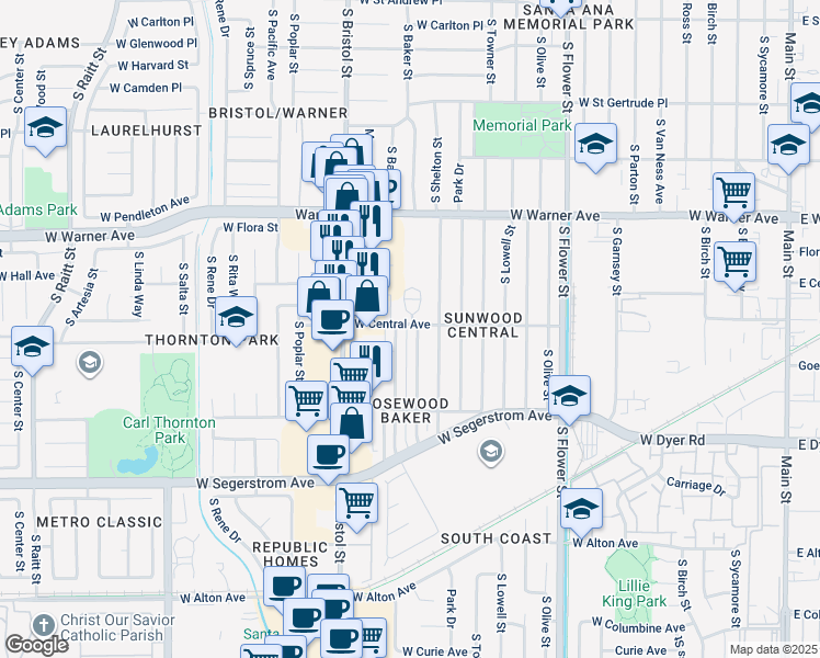 map of restaurants, bars, coffee shops, grocery stores, and more near 2502 South Baker Street in Santa Ana