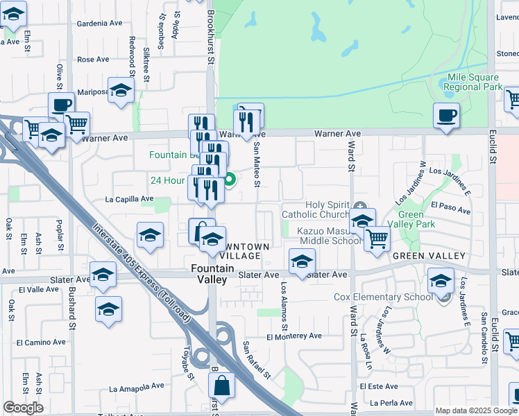 map of restaurants, bars, coffee shops, grocery stores, and more near 10197 Pike Avenue in Fountain Valley