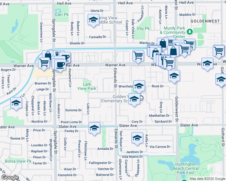 map of restaurants, bars, coffee shops, grocery stores, and more near 17191 Freeborn Drive in Huntington Beach