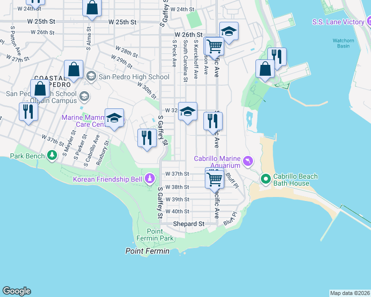 map of restaurants, bars, coffee shops, grocery stores, and more near 3441 South Kerckhoff Avenue in Los Angeles