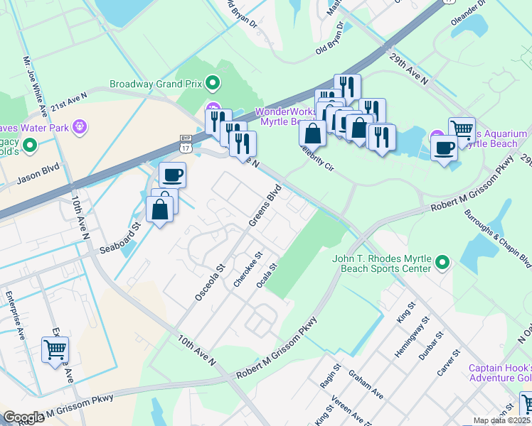 map of restaurants, bars, coffee shops, grocery stores, and more near 200 Green Bay Circle in Myrtle Beach