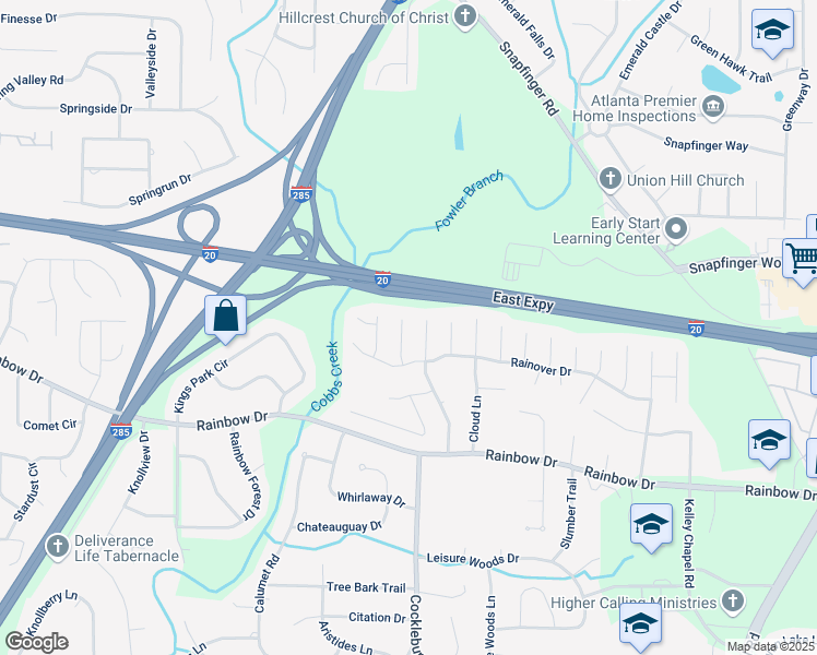 map of restaurants, bars, coffee shops, grocery stores, and more near 2558 Rainmaker Drive in Decatur