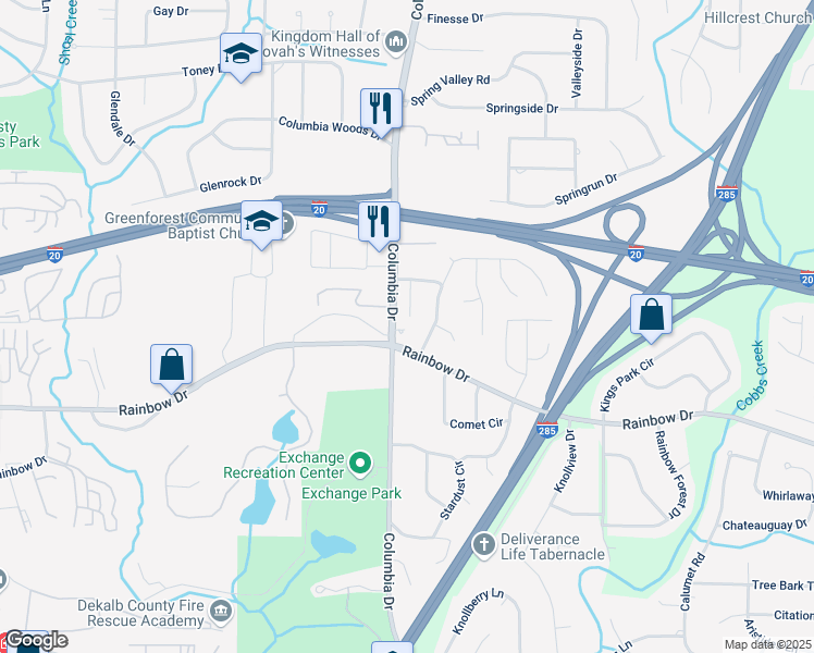 map of restaurants, bars, coffee shops, grocery stores, and more near 2550 Columbia Crossing Court in Decatur