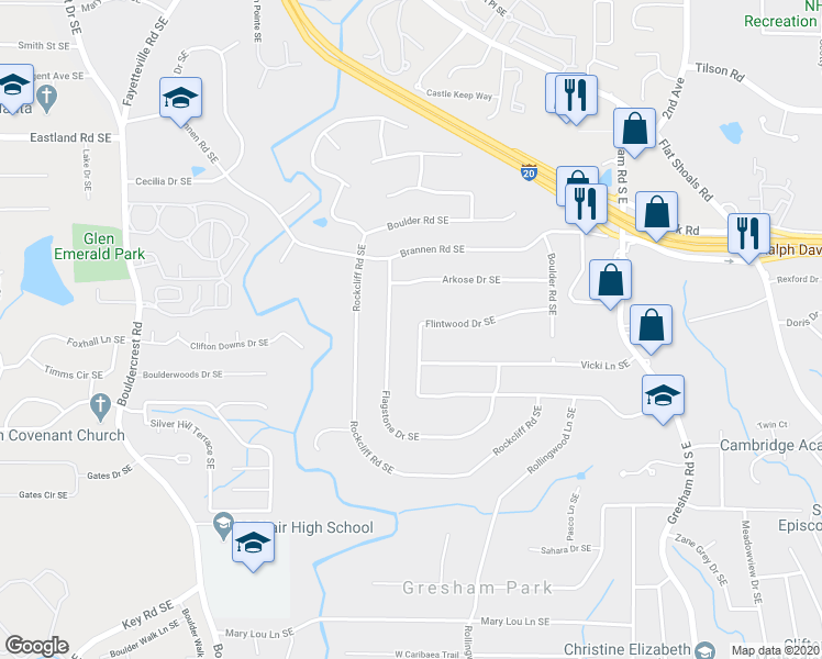 map of restaurants, bars, coffee shops, grocery stores, and more near 1699 Flintwood Drive Southeast in Atlanta