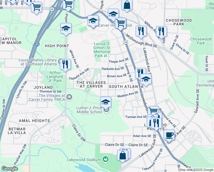 map of restaurants, bars, coffee shops, grocery stores, and more near 94 Moury Avenue Southeast in Atlanta