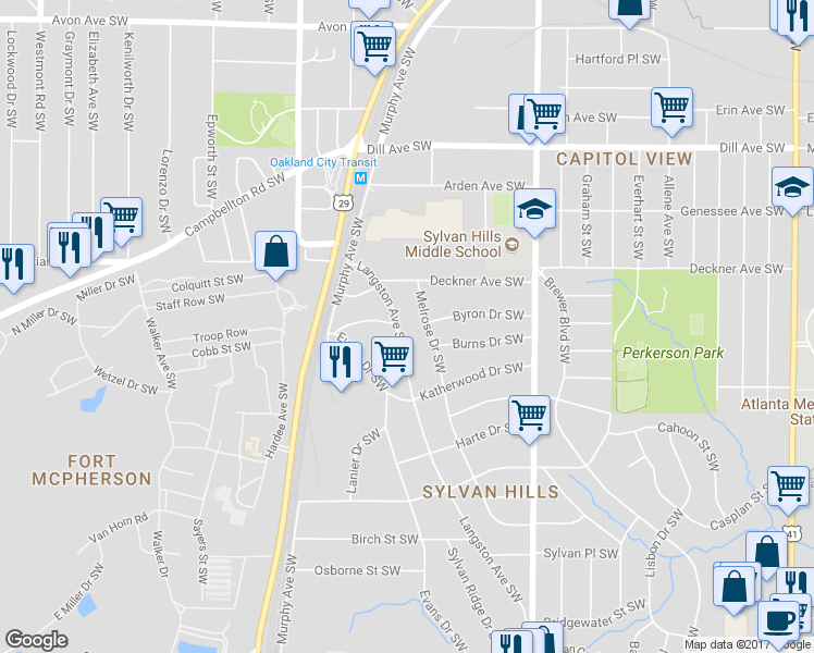 map of restaurants, bars, coffee shops, grocery stores, and more near 1553 Melrose Drive Southwest in Atlanta