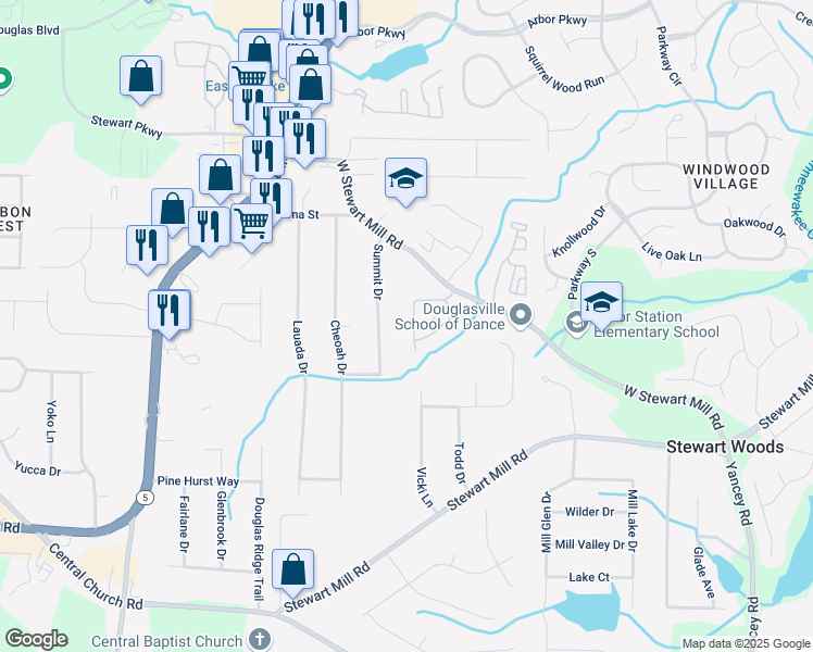 map of restaurants, bars, coffee shops, grocery stores, and more near 5880 Garden Circle in Douglasville