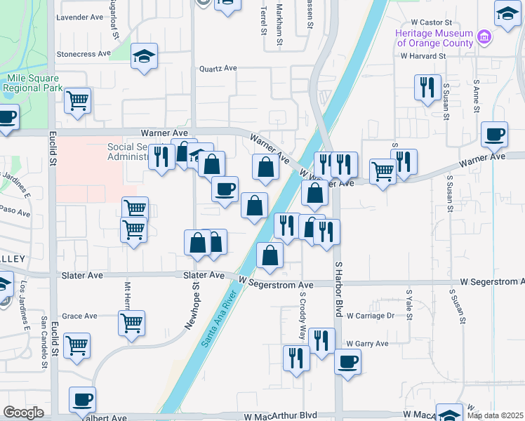 map of restaurants, bars, coffee shops, grocery stores, and more near 17230 Newhope Street in Fountain Valley