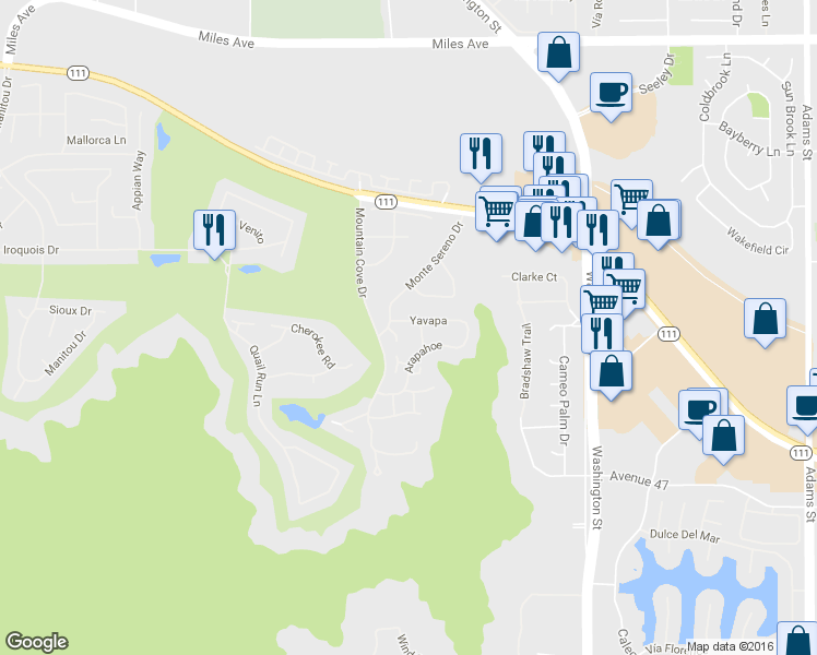 map of restaurants, bars, coffee shops, grocery stores, and more near 78535 Yavapa in Indian Wells