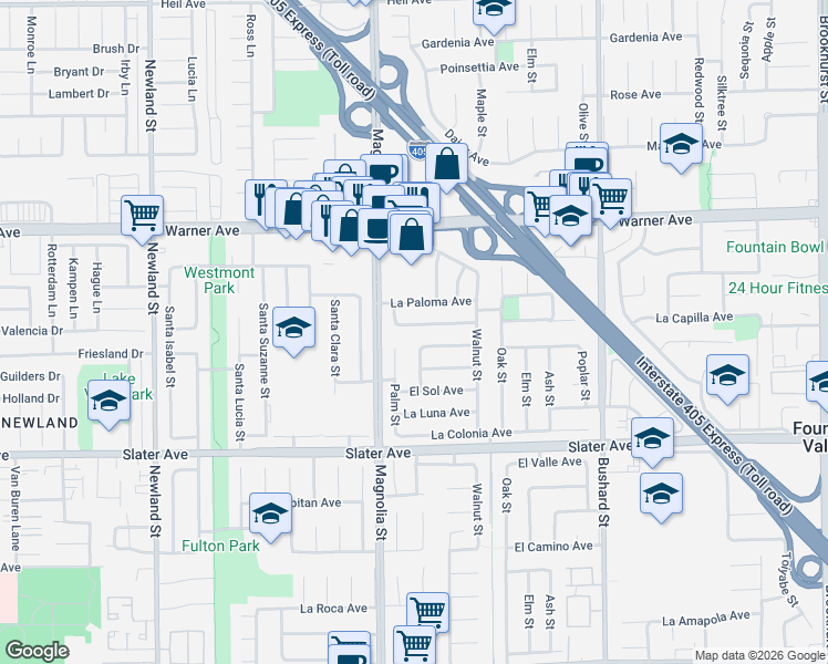 map of restaurants, bars, coffee shops, grocery stores, and more near 9080 La Casita Avenue in Fountain Valley