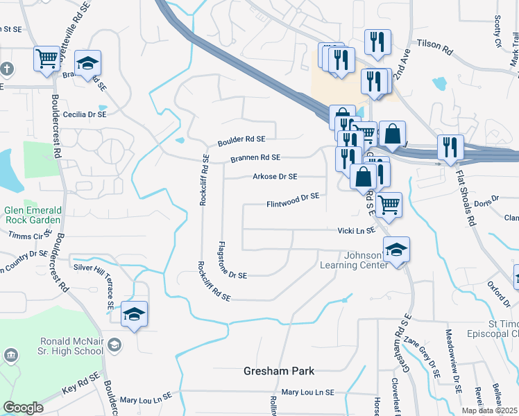 map of restaurants, bars, coffee shops, grocery stores, and more near 1662 Flintwood Drive Southeast in Atlanta