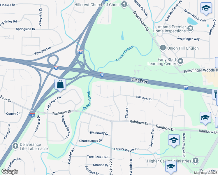 map of restaurants, bars, coffee shops, grocery stores, and more near 2558 Rainmaker Drive in Decatur