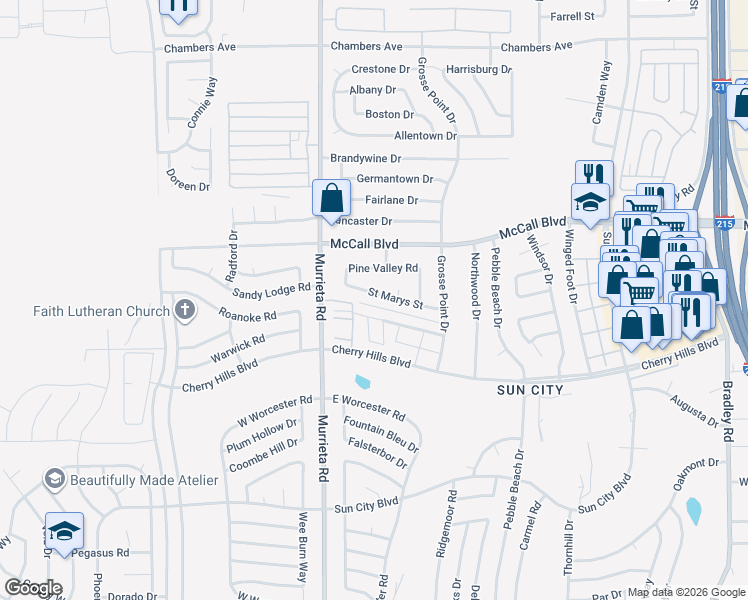 map of restaurants, bars, coffee shops, grocery stores, and more near 26121 Saint Marys Street in Menifee