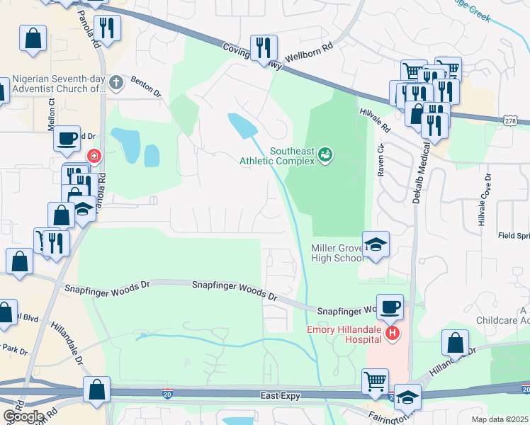 map of restaurants, bars, coffee shops, grocery stores, and more near 2536 Willenhall Way in Lithonia