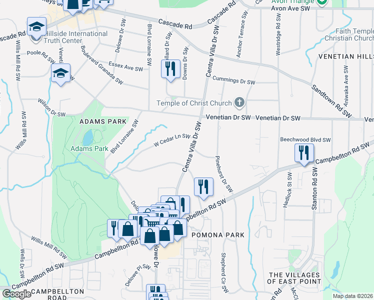 map of restaurants, bars, coffee shops, grocery stores, and more near 1595 Centra Villa Dr SW in Atlanta