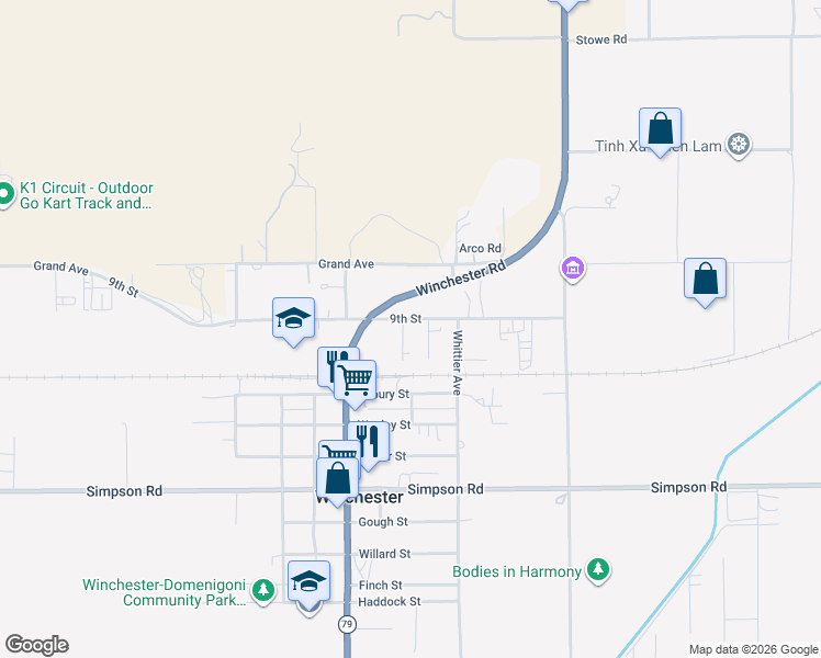 map of restaurants, bars, coffee shops, grocery stores, and more near 33135 9th Street in Winchester