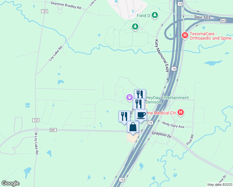 map of restaurants, bars, coffee shops, grocery stores, and more near 3415 Southbend Drive in Denison