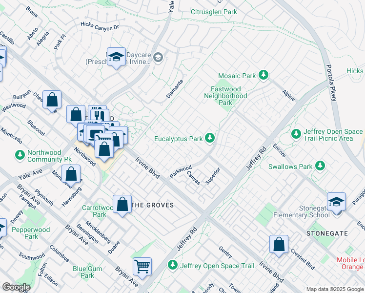 map of restaurants, bars, coffee shops, grocery stores, and more near 114 Guinness in Irvine