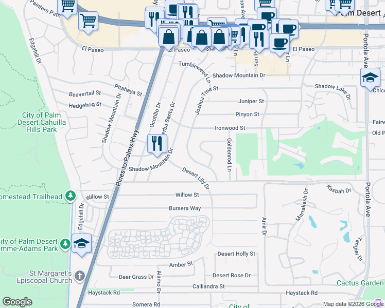 map of restaurants, bars, coffee shops, grocery stores, and more near 72931 Joshua Tree Street in Palm Desert
