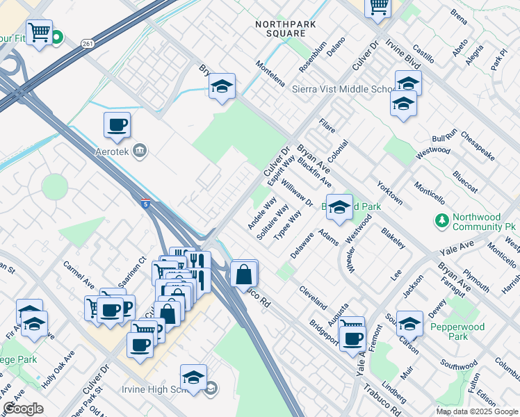 map of restaurants, bars, coffee shops, grocery stores, and more near 13755 Andele Way in Irvine