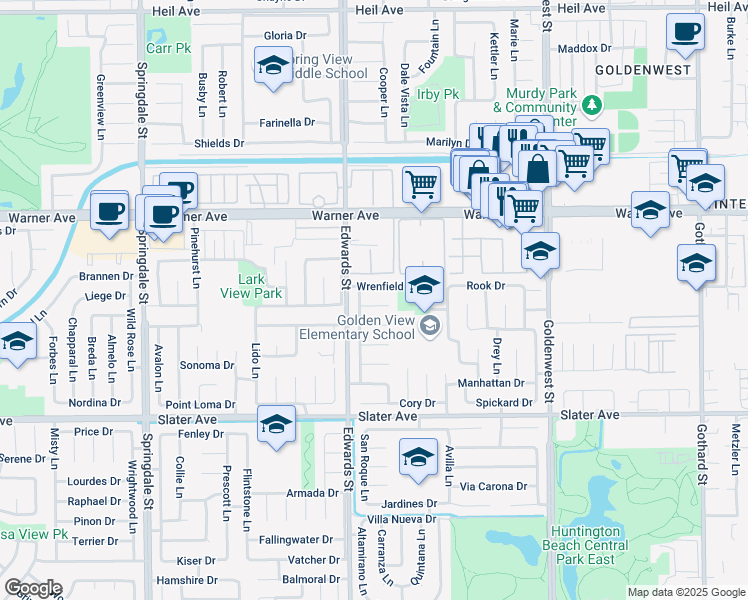 map of restaurants, bars, coffee shops, grocery stores, and more near 6561 Dohrn Circle in Huntington Beach