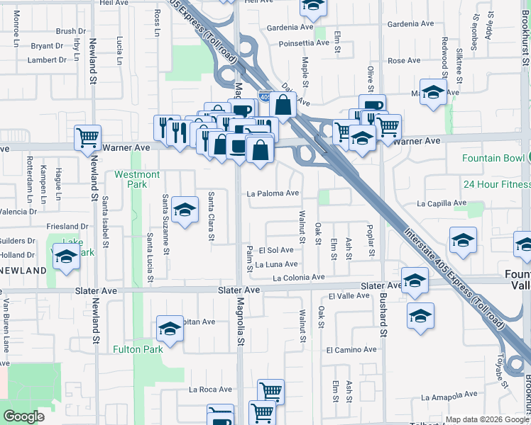 map of restaurants, bars, coffee shops, grocery stores, and more near 9080 La Casita Avenue in Fountain Valley