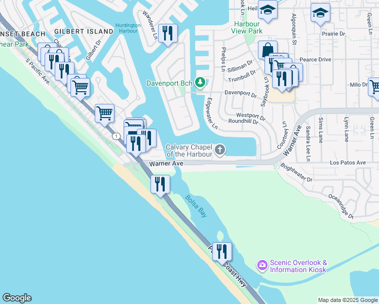 map of restaurants, bars, coffee shops, grocery stores, and more near 3970 Aladdin Drive in Huntington Beach
