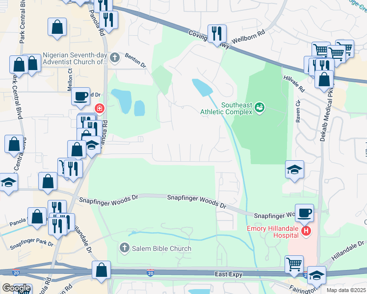 map of restaurants, bars, coffee shops, grocery stores, and more near 2544 Lancewood Lane in Lithonia