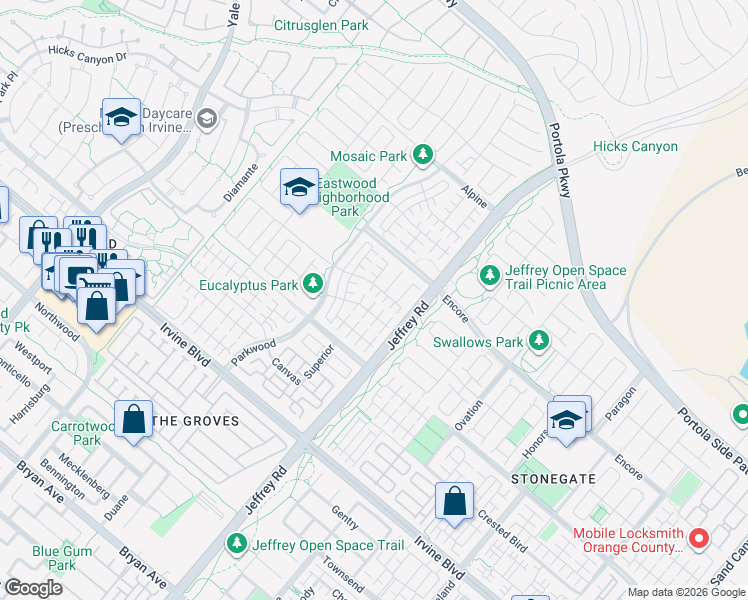map of restaurants, bars, coffee shops, grocery stores, and more near 89 Decker in Irvine