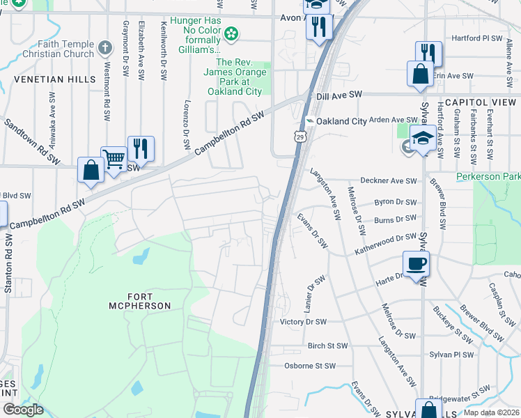 map of restaurants, bars, coffee shops, grocery stores, and more near 54 Gordon Plaza Southwest in Atlanta