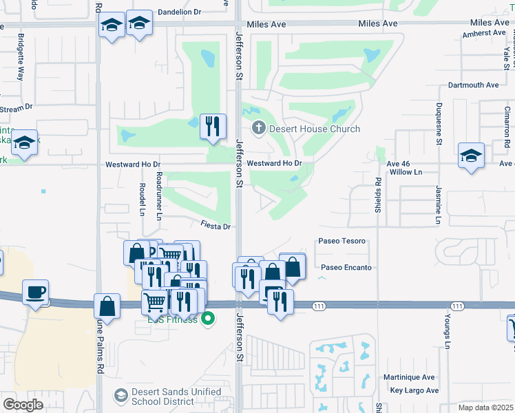 map of restaurants, bars, coffee shops, grocery stores, and more near 80095 Palm Circle Drive in La Quinta