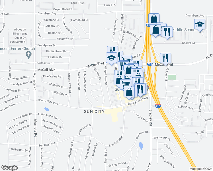 map of restaurants, bars, coffee shops, grocery stores, and more near 28088 Winged Foot Drive in Menifee