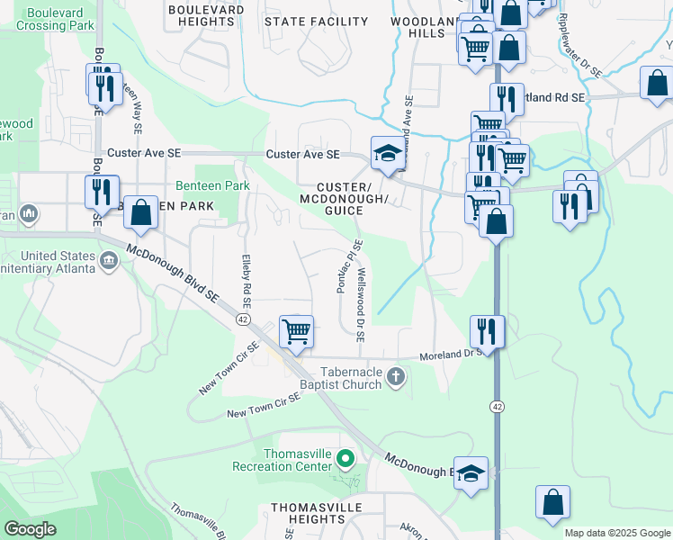 map of restaurants, bars, coffee shops, grocery stores, and more near 1547 Pontiac Place Southeast in Atlanta