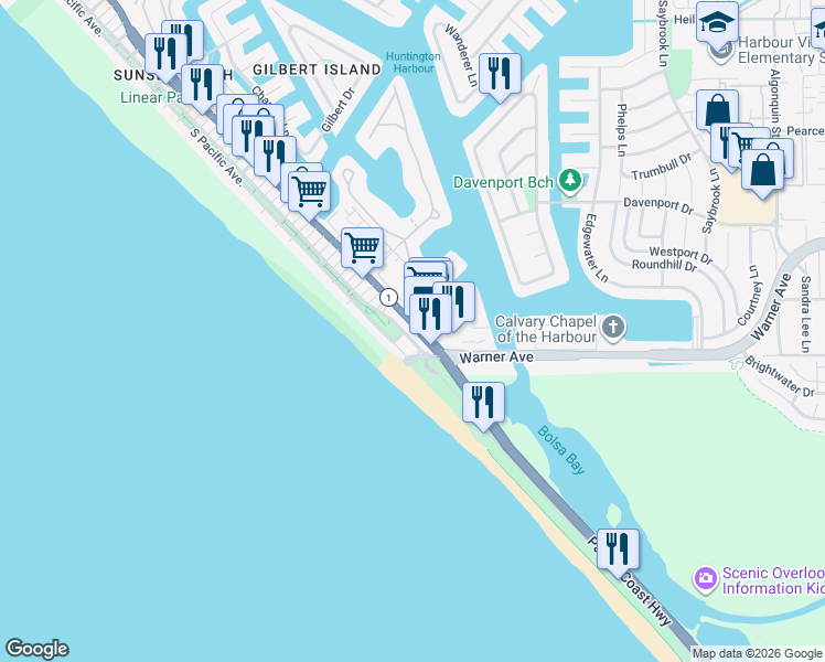 map of restaurants, bars, coffee shops, grocery stores, and more near 17181 Pacific Coast Highway in Huntington Beach