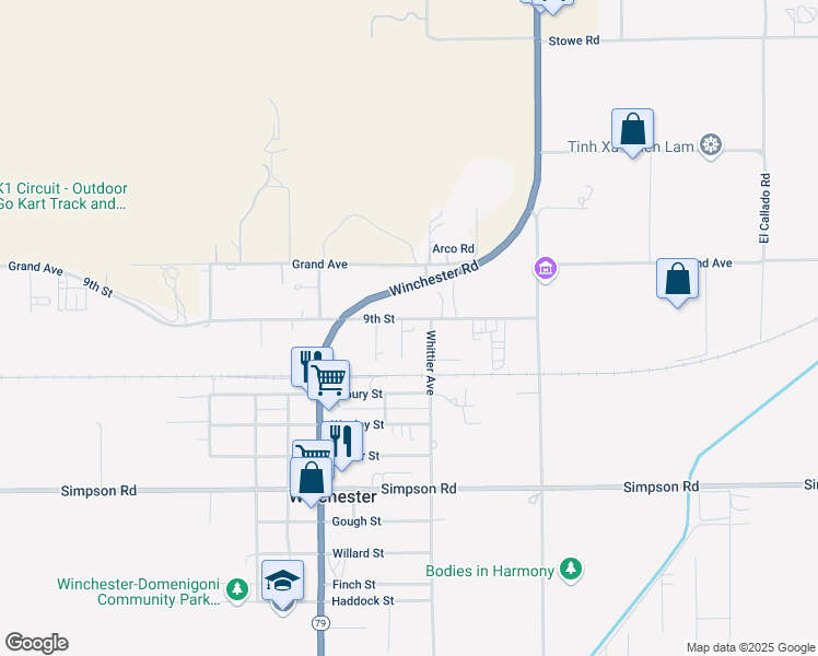 map of restaurants, bars, coffee shops, grocery stores, and more near 33215 9th Street in Winchester