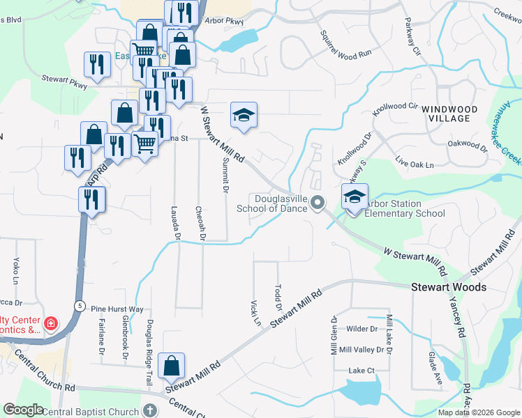 map of restaurants, bars, coffee shops, grocery stores, and more near 6135 Garden Circle in Douglasville