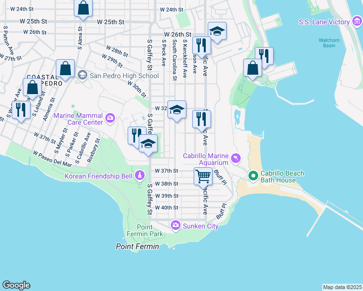 map of restaurants, bars, coffee shops, grocery stores, and more near 3437 South Kerckhoff Avenue in Los Angeles