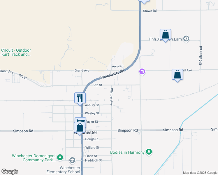 map of restaurants, bars, coffee shops, grocery stores, and more near 33245 9th Street in Winchester