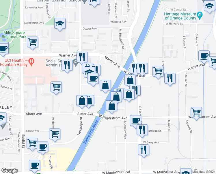 map of restaurants, bars, coffee shops, grocery stores, and more near 17230 Newhope Street in Fountain Valley