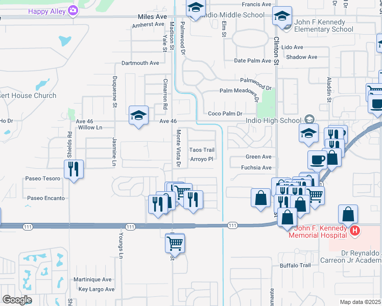 map of restaurants, bars, coffee shops, grocery stores, and more near 81093 Taos Trail in Indio