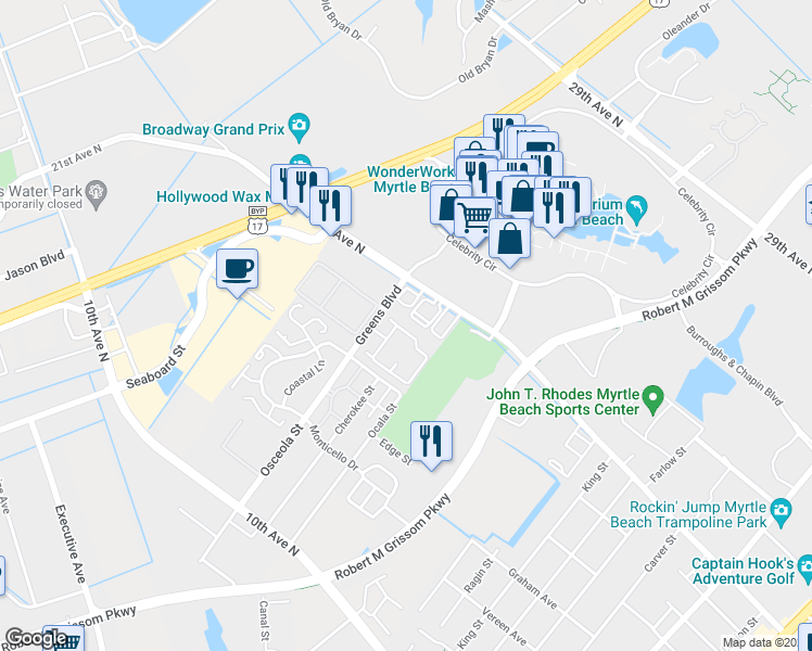 map of restaurants, bars, coffee shops, grocery stores, and more near 200 Green Bay Circle in Myrtle Beach