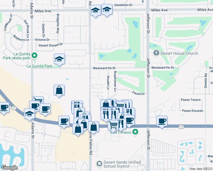 map of restaurants, bars, coffee shops, grocery stores, and more near 46301 Roudel Lane in La Quinta