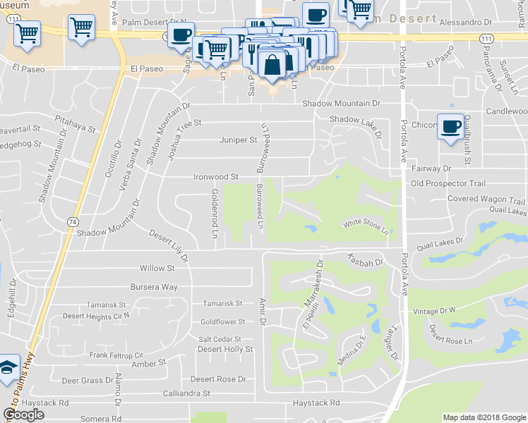 map of restaurants, bars, coffee shops, grocery stores, and more near 46240 Burroweed Lane in Palm Desert