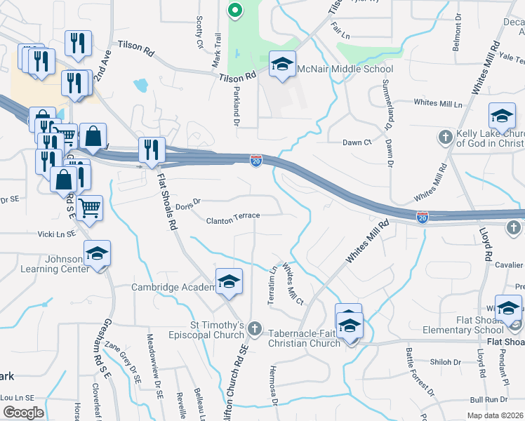 map of restaurants, bars, coffee shops, grocery stores, and more near 2252 Clanton Terrace in Decatur