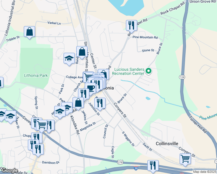 map of restaurants, bars, coffee shops, grocery stores, and more near 2748 Rock Chapel Road in Lithonia