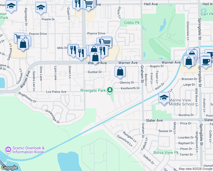 map of restaurants, bars, coffee shops, grocery stores, and more near 17202 Corbina Lane in Huntington Beach