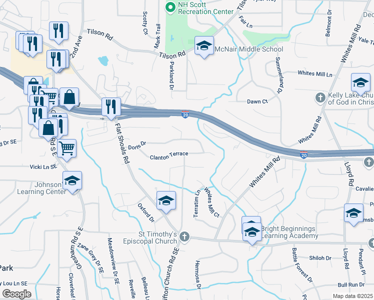 map of restaurants, bars, coffee shops, grocery stores, and more near 2240 Clanton Terrace in Decatur